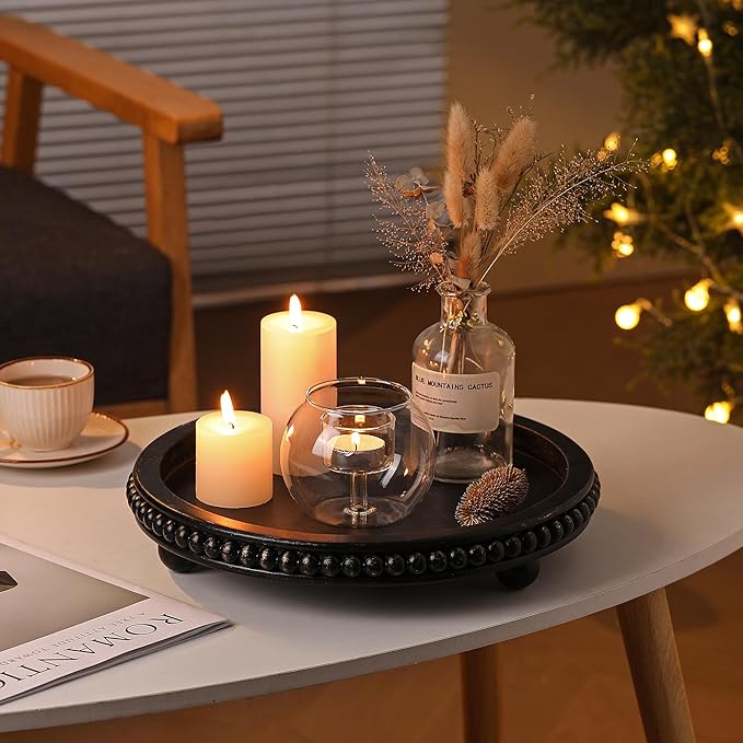 Wooden Decorative Tray, Black Round Coffee Table Tray Decor Beaded Distressed Rustic Farmhouse Centerpiece for Living Room Entryway Kitchen Counter Dining Room