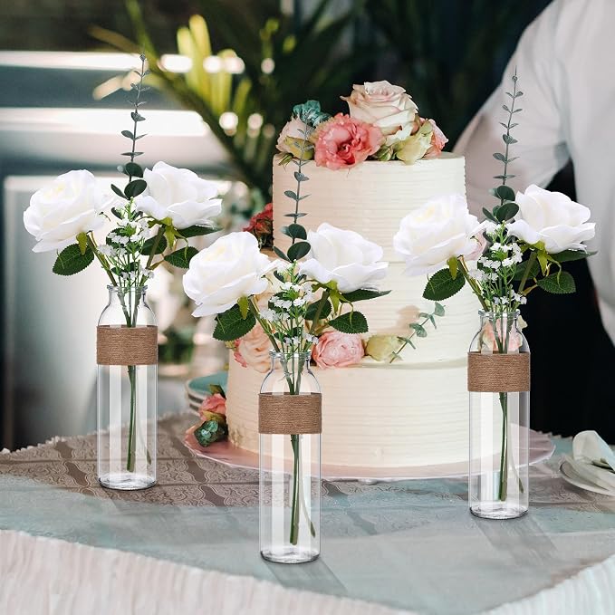 Qinyoung 10 Set Clear Glass Vase with Flowers Centerpieces 10 Clear Glass Jars 40 Artificial Plant with Rope Table Centerpieces for Wedding Rustic Baby Shower Party Farmhouse Home Decoration