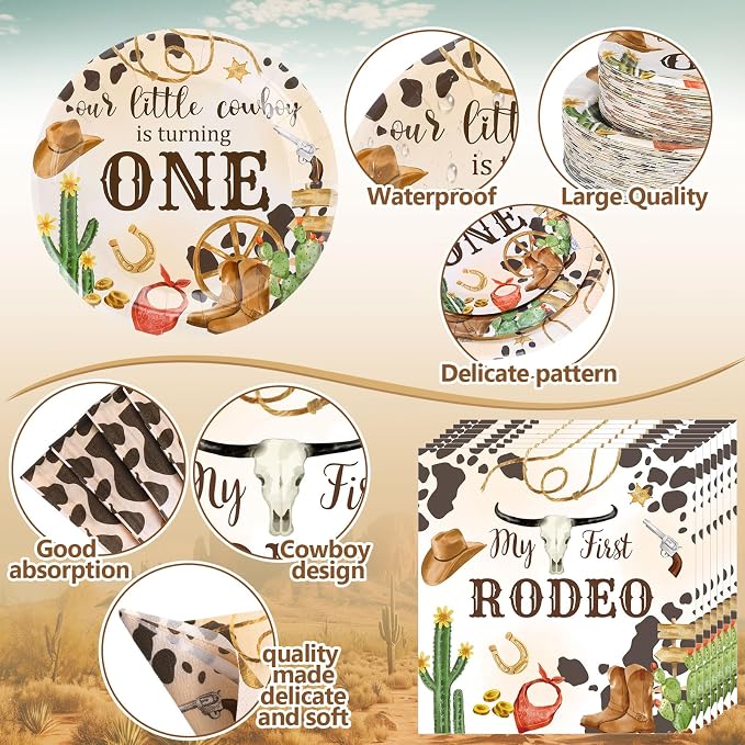 Pickmesh 250 Pcs My First Rodeo Party Decorations Wild West Cowboy Disposable Tableware Set My First Rodeo Paper Plates Napkins Cups for 1st Birthday Western Cowboy Themed Party Decorations Serve 50