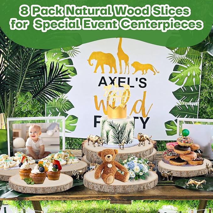 8-Pack Wood Slices 7-8 Inch Wood Centerpieces for Tables|Wooden Rounds with Premium Sanded & Bark-On Slices | Round Wooden Discs for Crafts,DIY, Wedding Decor