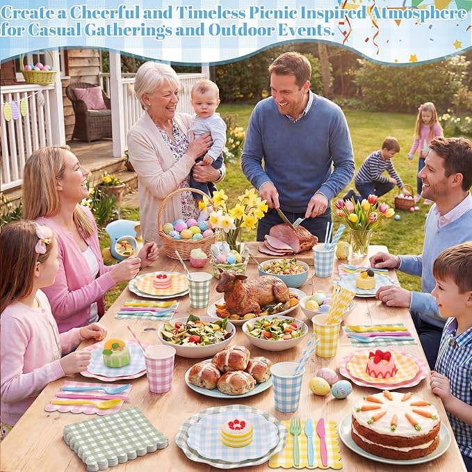 450 Pcs Gingham Tableware Set Decorations Pastel Plaid Paper Plates Napkins Cups Cutlery Straws Checkered Dinnerware Set for Baby Shower BBQ Picnic Birthday Party Supplies, Serves 50