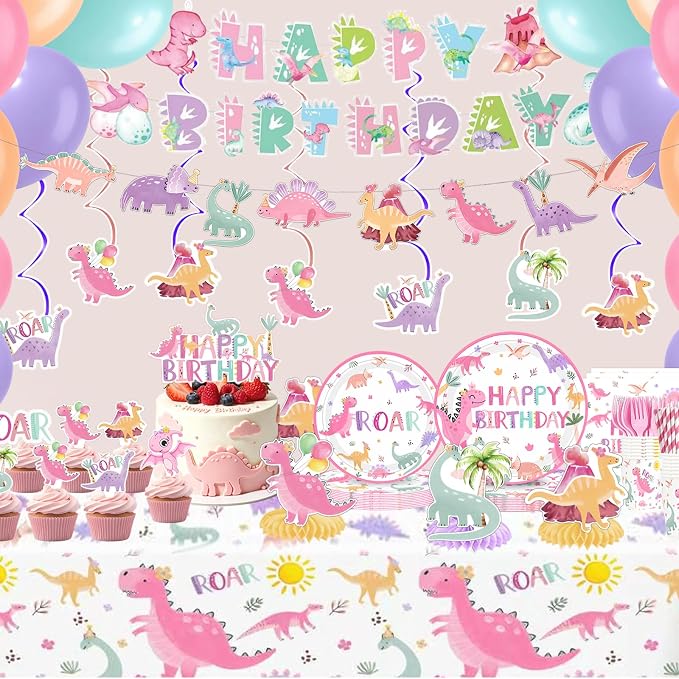Dinosaur Bday Party Supplies Decorations for Girls 1st 2nd 3rd 4th Bday Dino Tableware Pre-strung Banner Honeycomb Centerpieces Tablecoth Hanging Swirls Cupcake Topper Balloons Serve 25