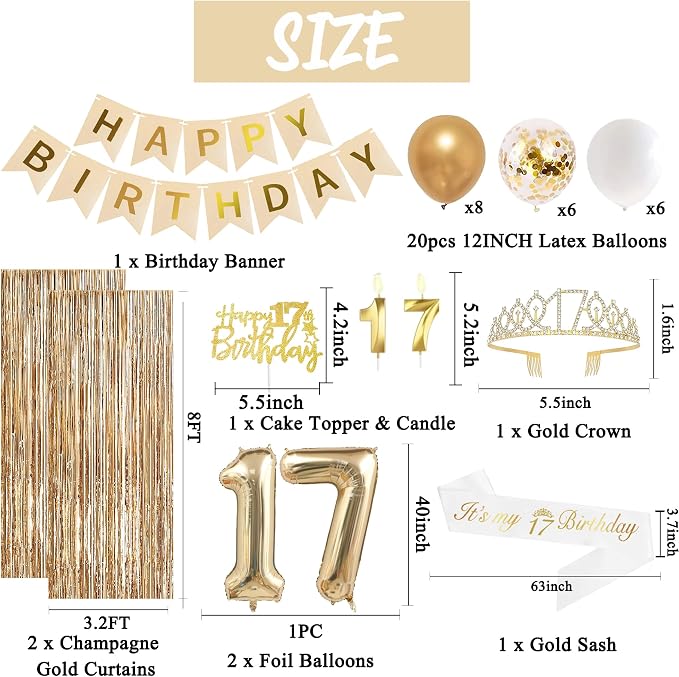 Trgowaul 17th Birthday Decorations for Girls, Happy Birthday Banner, Sash and Crown, 17 Number Balloon, Fringe Curtains, Champagne Gold 17-Year-Old Old Party Supplies