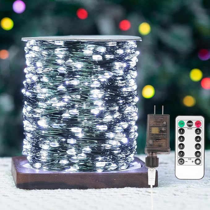 Fairy Lights Plug in,200FT 600LEDs Waterproof Led String Lights,8 Modes Remote Twinkle Light for Outdoor Indoor Christmas Wedding Birthday Garden Party Decorations,Green Wire,Cool White