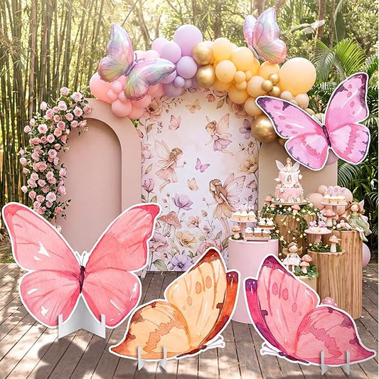 Honoson 4 Pcs Large 20" x 30" Fairy Butterfly Cardboard Cutouts Backdrop, Fairy Birthday Party Decoration Standing Butterfly Props for Spring Garden Outdoor Lawn Yard Signs Baby Shower Supplies