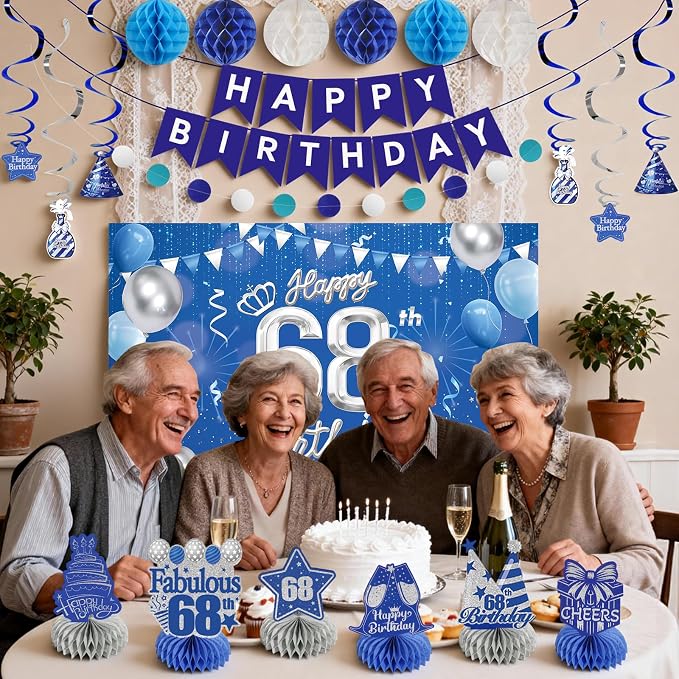 Happy Birthday Party Decoration Set: Including Birthday Banner Backdrop, Party Table Centerpieces and Hanging Swirl Party Streamers, Birthday Decor Suppliers for Men and Women (Blue, 68th Birthday)