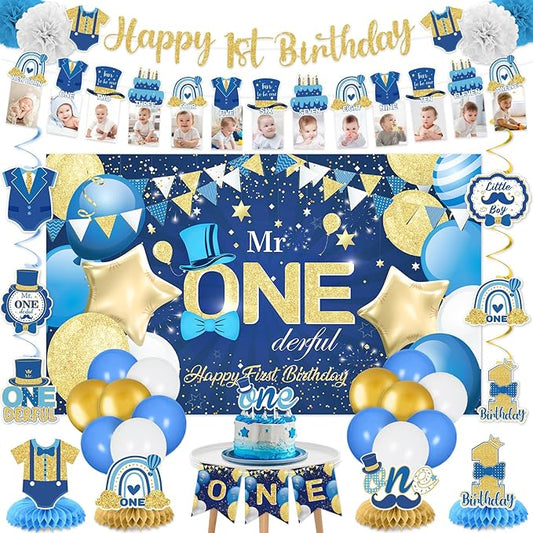 Mr Onederful First Birthday Decorations Blue Baby Boy 1st Birthday Banner Backdrop, Balloons, Honeycomb Centerpieces, Hanging Swirl, Cake Toppers, High Chair Banner, Paper Pompoms for Boys First Bday