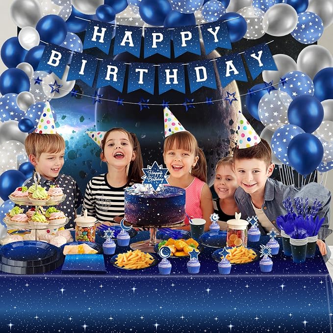 221 Pack Space Galaxy Party Supplies Ramadan Decoration Starry Night Tableware Set Space Birthday Banner Star Garlands Outer Tablecloth Galaxy Planet Themed Birthday Party Decorations Serves 20