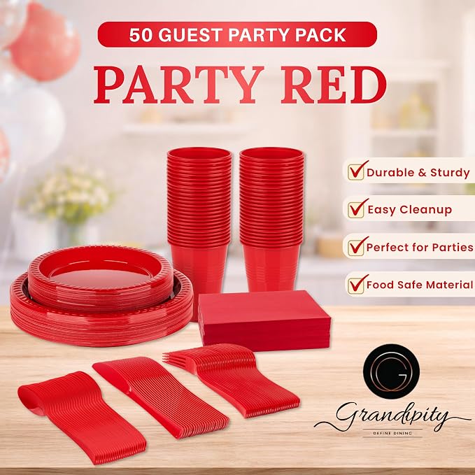 350 Piece RED Disposable Dinnerware Set 50 Guests, Plastic Party Plates And Cups And Napkins Sets - 50 Count 9" Dinner Plates, 7" Dessert Plates, 12oz Cups, Paper Napkins, Forks, Knives & Spoons