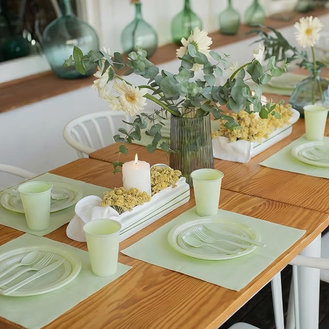 Kochorie 480 Pieces Sage Green Plastic Dinnerware Set Disposable Heavy Duty Plates Napkins Cups Silverware Dessert Dinner Plates for Birthday Wedding Baby Shower Party Supplies, Serves 60 Guests