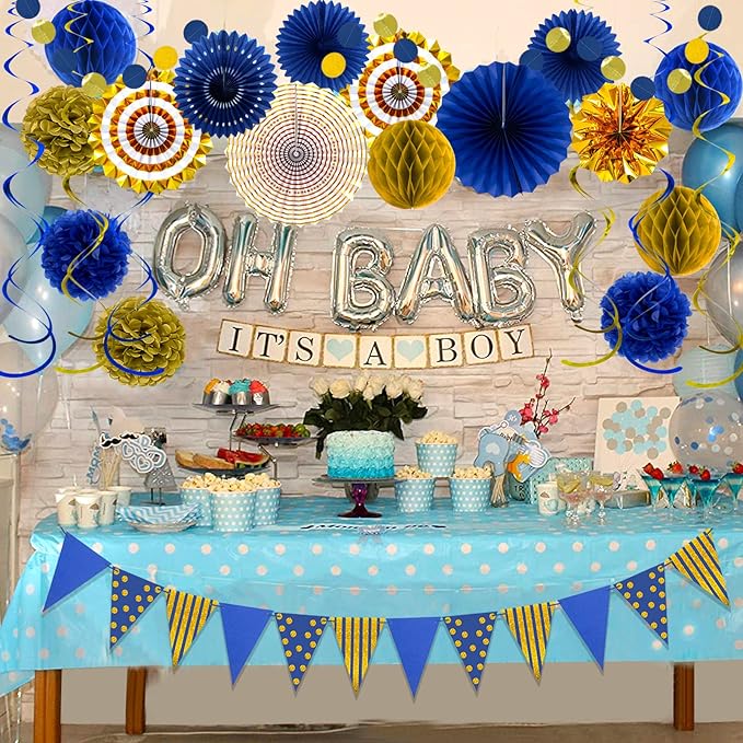 Blue Gold Party Decorations, Graduation Season Hanging Glitter Triangle Flags Banner Paper Fan Tissue Pom Poms Garlands, Boy Men Party, Bridal Shower, Navy Blue Themed Birthday