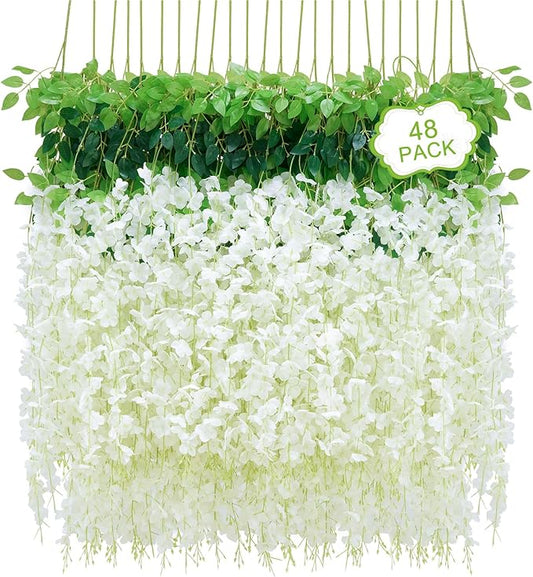 48Pcs Artificial Wisteria Hanging Flowers, 3.6Ft/Pcs White Fake Wisteria Garland for Wedding Party Home Garden Indoor Outdoor Decoration