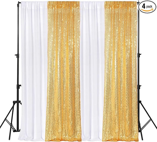 VitalCozy 4 Panels Backdrop Curtains 2 Pcs 4 x 10 ft Sequin Glitter 2 Pcs 7 x 10 ft Chiffon Photo Background Curtains for Graduation Wedding Birthday Party Decorations(White, Gold)