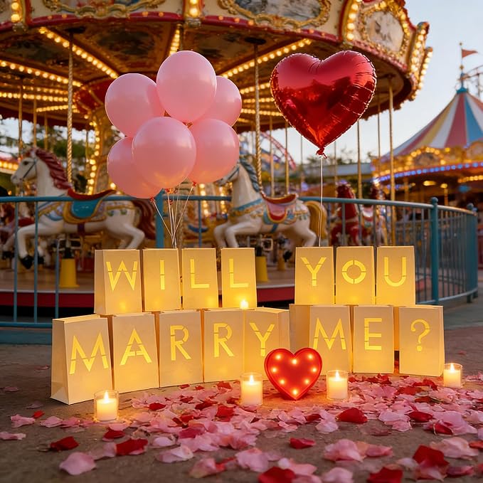 Will You Marry Me Light Up Letters Proposal Decorations,Glowing Luminary Letter Bags with LED Tea Lights, Rose Petals,Heart Balloons for Proposal,Engagement Party,Valentine’s Day,Romantic Night