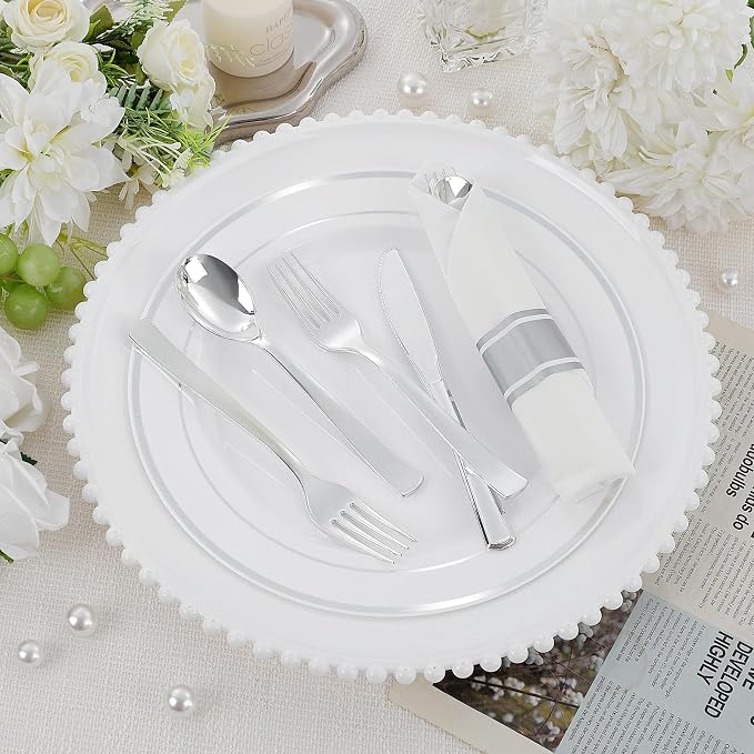 EI 60Pack Pre Rolled Silver Plastic Silverware Disposable Rolled Cutlery with Napkins,Sliver Plastic Wrapped Silverware Disposable Heavy Duty Perfect for Tea Party,Wedding,Spring,Valentine's Day