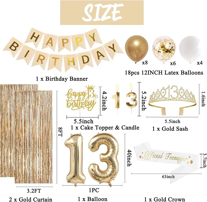 Trgowaul 13th Birthday Decorations for Girls, Banner, Sash and Crown, Cake Topper, 13 Number Balloon, Fringe Curtains, Champagne Gold 13 Birthday Party Supplies