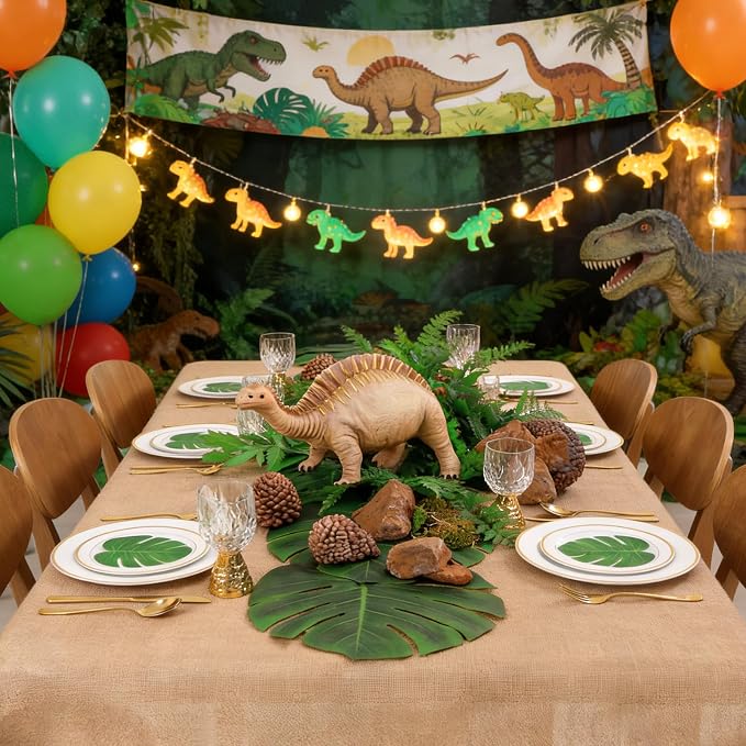 Moukeren 2 Pcs Jungle Dinosaur Party Decorations Set Artificial Palm Leaves Table Runner 70" x 11" and Large Burlap Tablecloth 105" x 53.9" Tropical Party Supplies for Birthday Jungle Hawaiian