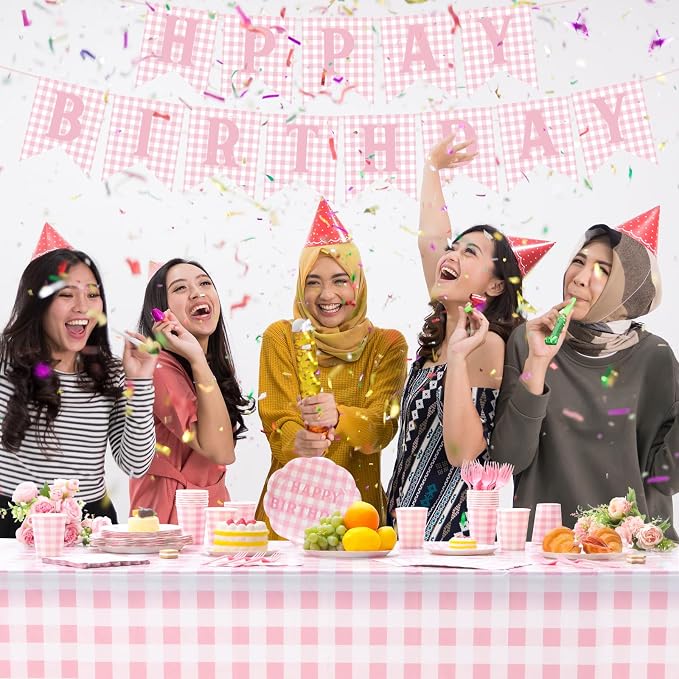 LemonRoad 128 Pcs Pink and White Birthday Party Decoration Women for 25 Guests, Gingham Checkered Light Pink Birthday Paper Plates Napkins Cups Tablecloth Forks Banner for Birthdays Party Supplies