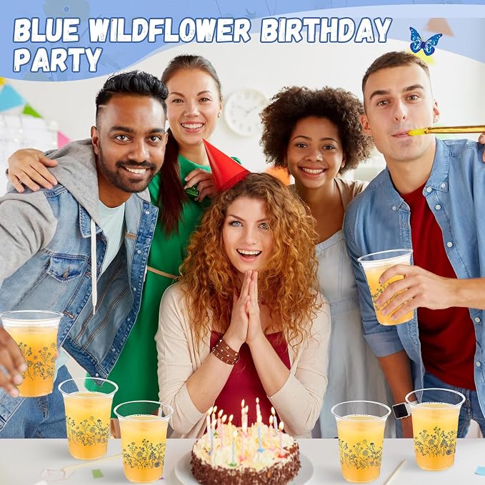 Hushee Blue Garden Floral 60 Pcs Party Cups 16 oz Plastic Disposable Drinking Cups for Birthday Love Baby in Bloom Baby Shower Summer Fresh off The Market Bridal Shower Decorations Supplies