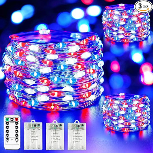 4th of July Decoration Lights, 3 Pack Red White and Blue Fairy Lights Battery Operated with Remote & Timer, Waterproof Patriotic Light Indoor Outdoor 8 Modes for Independence Day Anniversary Memorial