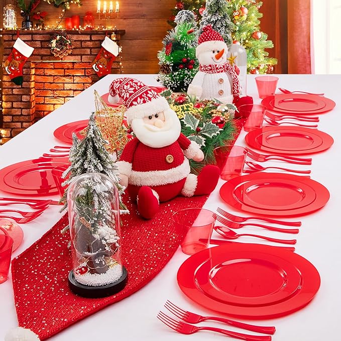 KIRE 150 Pieces Red Plastic Plates Disposable - Red Dinnerware Set Include 25Dinner Plates 25Salad Plates 25Forks 25Knives 25Spoons 25Clear Red Cups for Christmas Parties