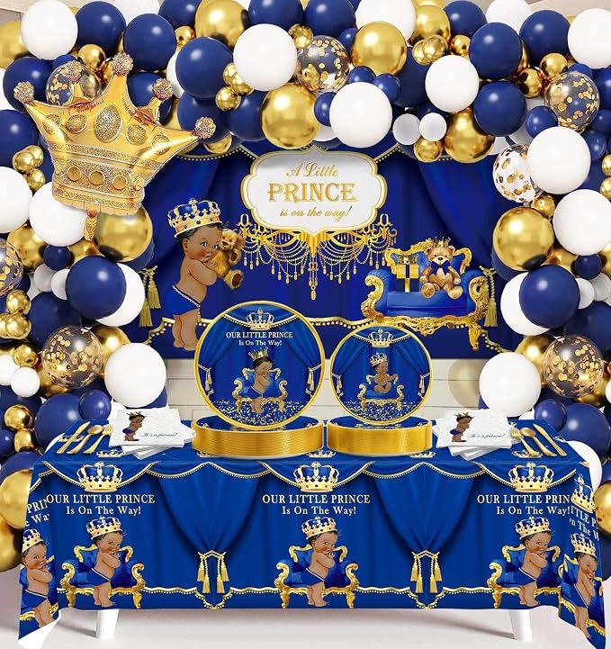 262PCS Royal Prince Baby Shower Decorations, Little Prince Party Supplies, Royal Blue Prince Disposable Dinnerware Set (24 Guest) with Napkins, Backdrop, Balloon Garland Kit, Tablecloth