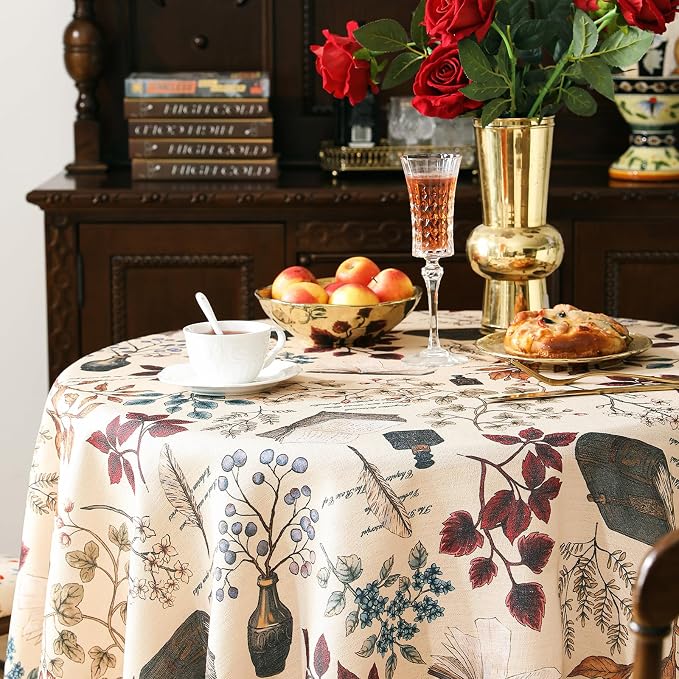 ISAENNE Designer French Linen Round Tablecloth,Diameter 55"-Xipeia | Vintage Elegant Beautiful Durable Printed Table Cloth,Floral Pattern,Decoration,Heavyweight,Dining,Kitchen,Thanksgiving