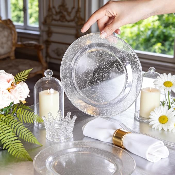 I00000 144Pcs Silver Glitter Dessert Plates Set, Includes 72Pcs Plastic Dessert Plates 7.5",72Pcs Silver Forks 7.4", Plastic Salad Plates for Birthday, Wedding & Party