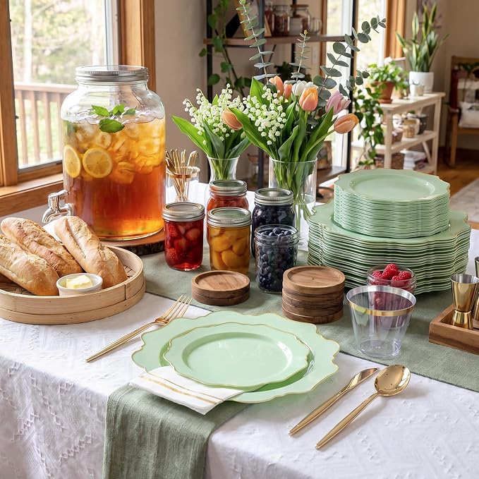 WDF 175Pcs Sage Green Plastic Plates With Gold Rim - Disposable Sage Green Plates 25guest Disposable Dinnerware Ideal for Party/Wedding/Spring Party/First Communion