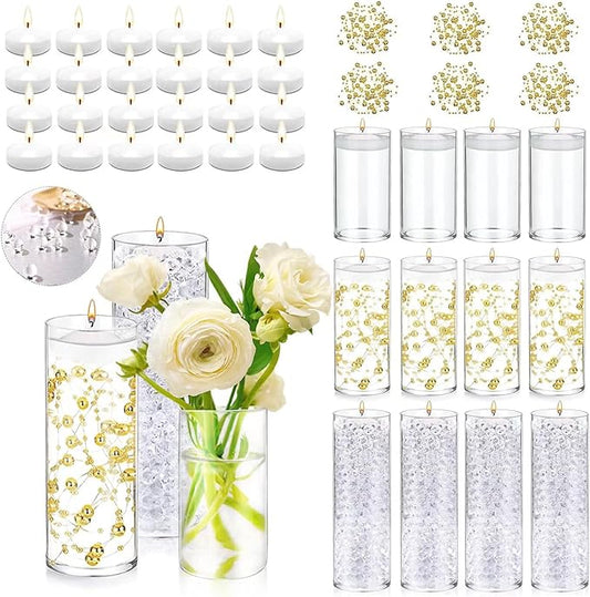UDU 12 Set Glass Vases for Centerpieces with 24 White Floating Candles 80000 Vase Filler 6 Pearl String Party Event Home Wedding Centerpieces for Tables Decorations