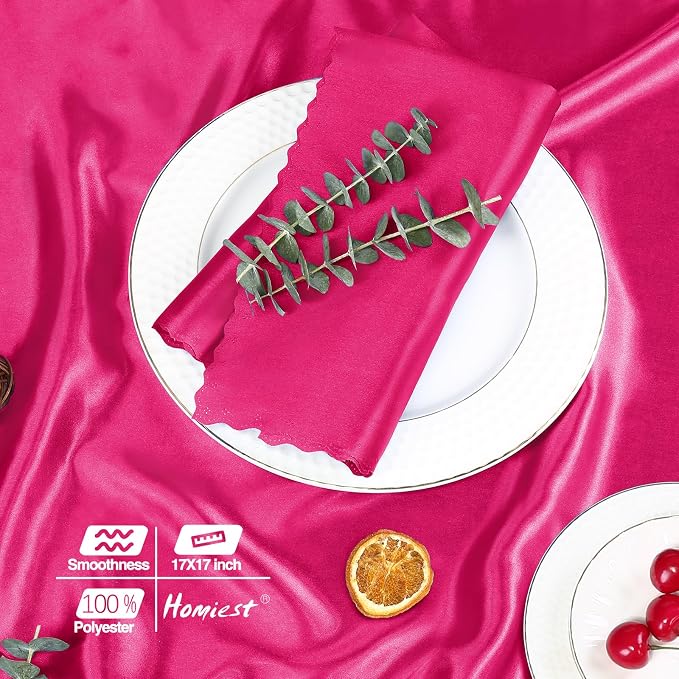Homiest Hot Pink Satin Napkins - 100 Pack, 17x17 Inches, Scalloped Square Napkins for Weddings, Restaurants, Parties