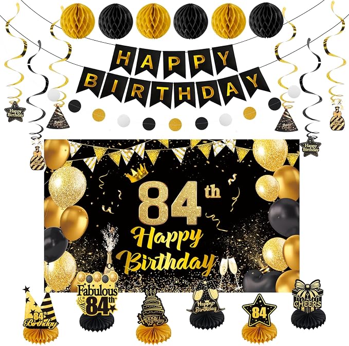 Happy Birthday Party Decoration Set: Including Birthday Banner Backdrop, Party Table Centerpieces and Hanging Swirl Party Streamers, Birthday Decor for Men and Women (Gold/Black, 84th Birthday)