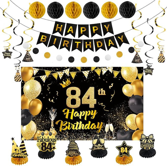 Happy Birthday Party Decoration Set: Including Birthday Banner Backdrop, Party Table Centerpieces and Hanging Swirl Party Streamers, Birthday Decor for Men and Women (Gold/Black, 84th Birthday)