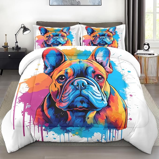 Pamnest Comforter Set Twin Size, Cute Dog Vintage Soft 2 Pcs Bedding for Kids and Adults, French Bulldog Colorful Comforter Set with Pillowcase, for Bedroom Bed Decor