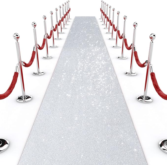 Shihanee Sequin Aisle Runner for Wedding Glitter Rug with Carpet Tape Sparkly Prom Outdoor Floor Birthday Carpet Runner for Ceremony Event Graduation Party(4 x 15 ft,Silver)