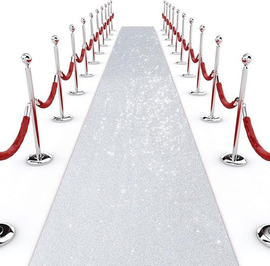 Shihanee Sequin Aisle Runner for Wedding Glitter Rug with Carpet Tape Sparkly Prom Outdoor Floor Birthday Carpet Runner for Ceremony Event Graduation Party(2 x 15 ft,Silver)