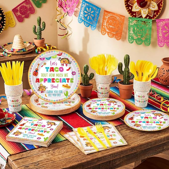 168 Pcs Let's Taco Bout How Much We Appreciate Party Decor Back to School Favors Bulk Employee Appreciation Supplies Cinco De Mayo Fiesta Taco Plates and Napkins Sets Serve 24