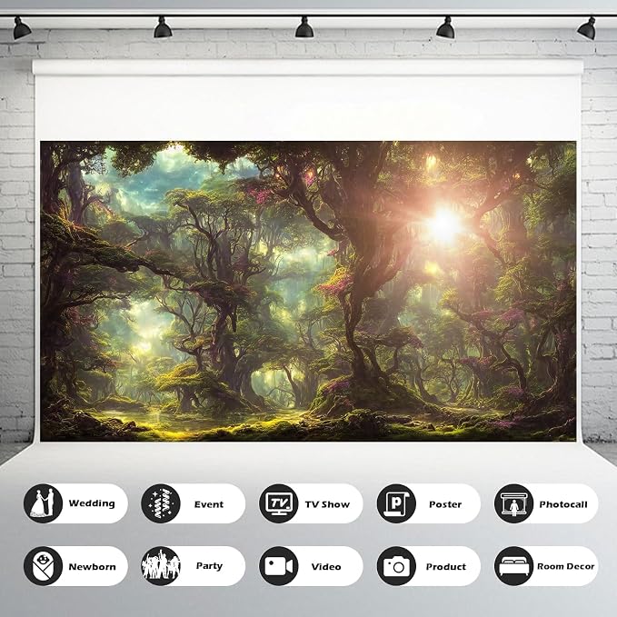 Fantasy Forest Backdrop Fairytale Forest with Sunbeams Fog Photography Background Enchanted Forest Landscape Jungle Style Party Banner Decorations Portrait Photo Studio Props Vinyl 5x3ft