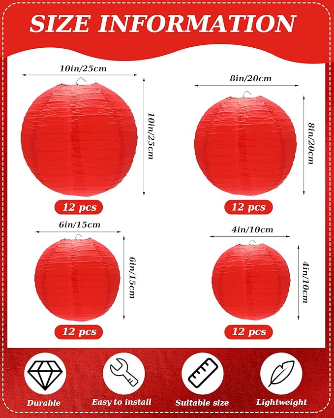 Treela 48 Pcs Paper Lanterns Party Decorations Chinese Round Paper Decor 4/6/8/10 Inch Asian Hanging Lamps Decorative for Graduate Wedding Birthday Party Bridal Parties Supplies(Red)