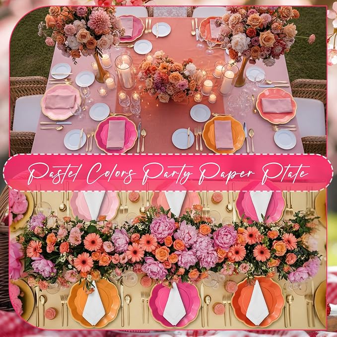 72 Pcs Pink and Orange Paper Plates 9 Inch Pink and Orange Scalloped Paper Disposable Dinner Dessert Plates for Birthday Wedding Bridal Party Supplies, 6 Colors