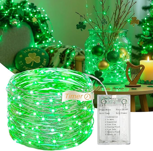 16FT 50 LED St. Patrick's Day Fairy Lights with Timer, 8 Modes USB Mini Twinkle Light Battery Operated, Small String Lights for Wreath Vase Bedroom DIY Party Decorations-Green