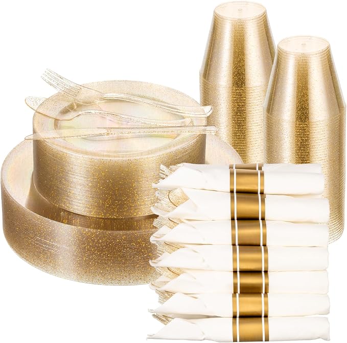 realluck 350 Piece Gold Glitter Plastic Dinnerware Set for 50 Guests, Disposable Plates for Party, Include: 50 Dinner Plates, 50 Dessert Plates, 50 Rolled Napkins with Silverware, 50 Cups