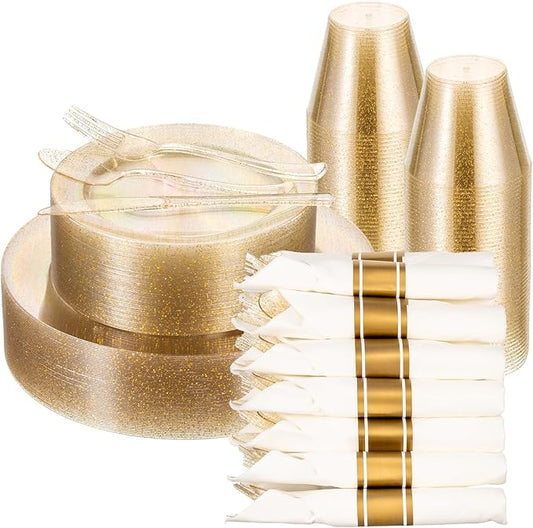 realluck 350 Piece Gold Glitter Plastic Dinnerware Set for 50 Guests, Disposable Plates for Party, Include: 50 Dinner Plates, 50 Dessert Plates, 50 Rolled Napkins with Silverware, 50 Cups