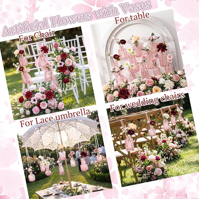 36 Pcs Artificial Flowers Table Centerpiece with Vases Colorful Wildflower Centerpieces Silk Flower Arrangement for Wedding Baby Shower Table Centerpieces Party(Multi Color,Pink)
