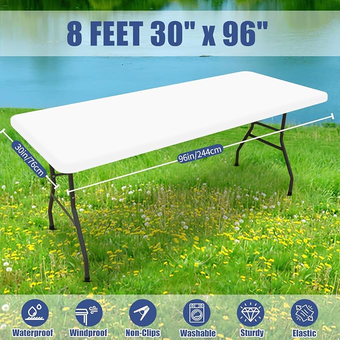 Moosfor Spandex 8 Foot Rectangle Table Cloth 4 Pack, Elastic Fitted Tablecloths for Picnic, Stretch Washable Patio Table Cover for Outdoor, Camping, Banquet and Parties (White, 30"x96")