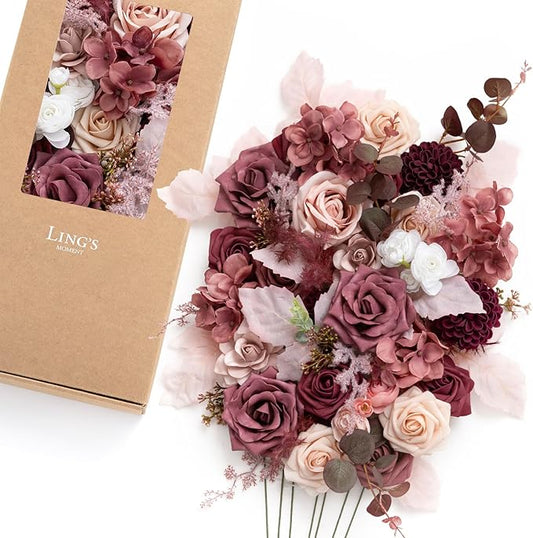Ling's moment Fake Flowers Box, Faux Artificial Greenery Stems Foam Roses Gardenias Silk Hydrangea Ranunculus Fabic Flower for Centerpieces Bouquet Wedding Vase, Cinnamon Rose & Cream, Deluxe Combo