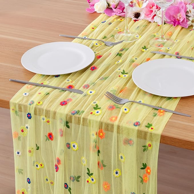 BINBE 1pcs Daisy Spring Table Runner Embroidery Gauze 10FT Florals Seasonal Tulle Holiday Birthday Kitchen Dining Table Decor for Home Party Yellow