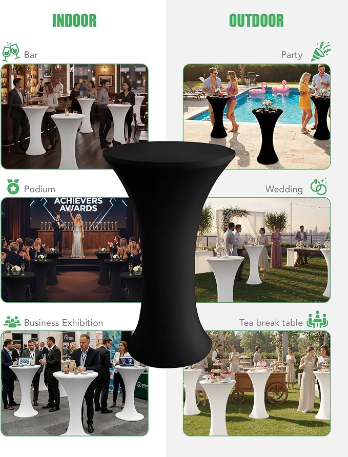 KeyWave Cocktail High Top Table Covers - 24x43 Inch Fitted Spandex Round Cocktail Tablecloth for Bar Height Standing Table Cloths Reusable, for Party Bistro Wedding Event Decorations, Black, 8 Pack
