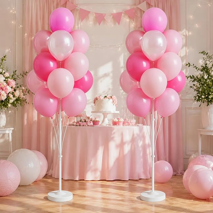 2 Sets Champagne Gold Balloon Stand Kit-Balloon Column Holder with Metallic Rose Balloons for Birthday, Wedding,Baby Shower,Graduation,Anniversary Party Decorations Centerpiece（Blossom Pink）