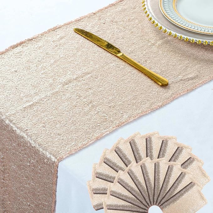 ShinyBeauty Champagne Table Runners 108 Inches Long Sequin Table Runner 20 Pieces Sparkly Table Cloth for Party Glitter Table Linen for Dinner Tables (12X108Inch)